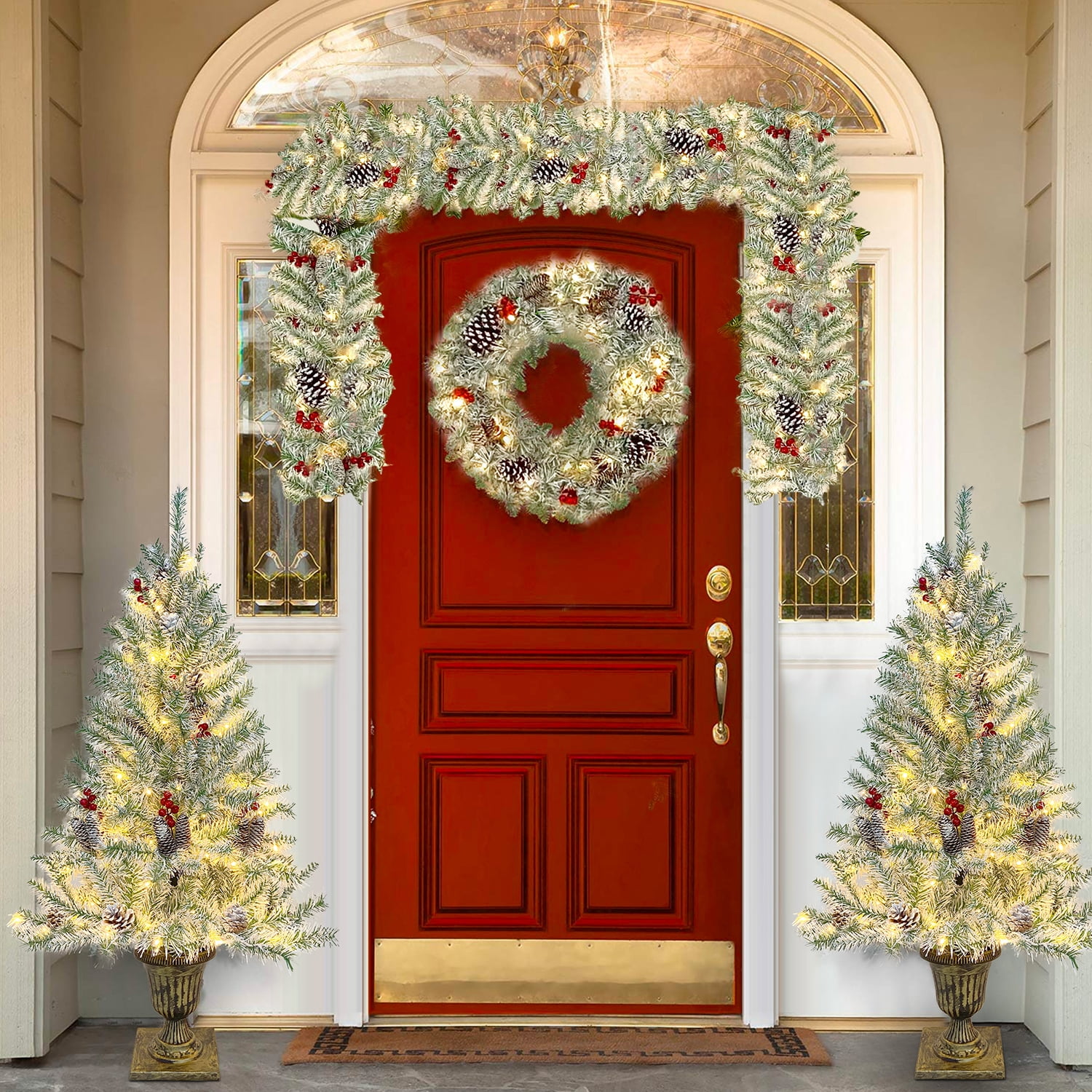 Kadyn 4-Piece Pre-lit Set Christmas Decorations, Christmas Fireplace Decorations, Front Porch Christmas Decorations, Artificial Christmas Garland, Wreath and Set of 2 4ft Christmas Tree, Retro White