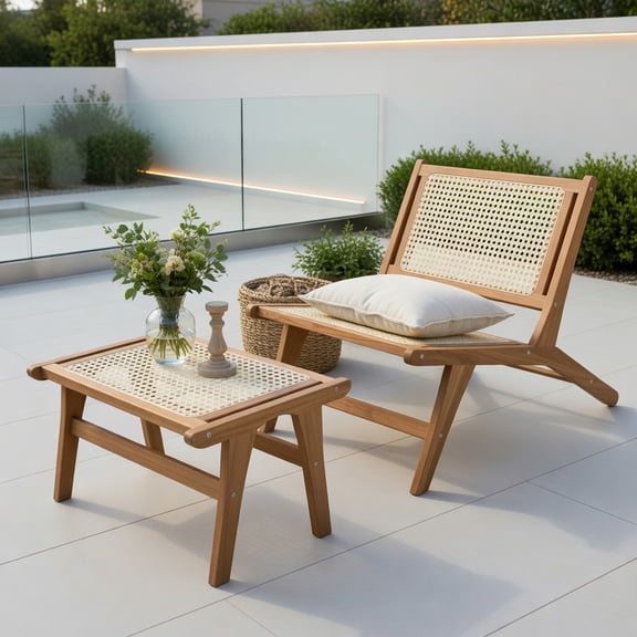 Mid-Century Modern Rattan Accent Chair with Matching Ottoman – Natural Teak Wood, Handwoven Design for Living Room & Bedroom