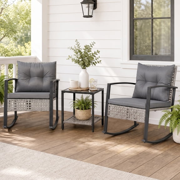 Costway 3-Piece Outdoor Conversation Sets Rocking Chair Set with 2 Chairs & 2-Tier Glass-Top Coffee Table Mixed Gray Gray