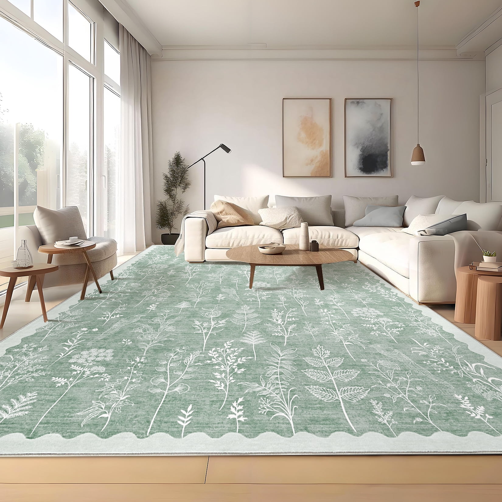 FairOnly Light Green 8'x10'Low Pile Mordern Flower Printed Area Rug for Bedroom Kid's Room Non Slip Ultra Thin & Soft Rugs for Kitchen