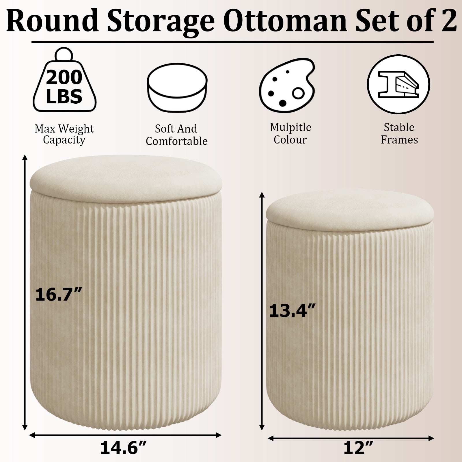 Waleaf Round Ottoman with Storage Set of 2, Upholstered Velvet Vanity Stool for Living Room & Bedroom, Beige
