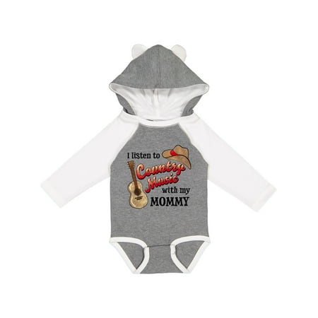 

Inktastic I Listen to Country Music with my Mommy with Guitar and Hat Gift Baby Boy or Baby Girl Long Sleeve Bodysuit