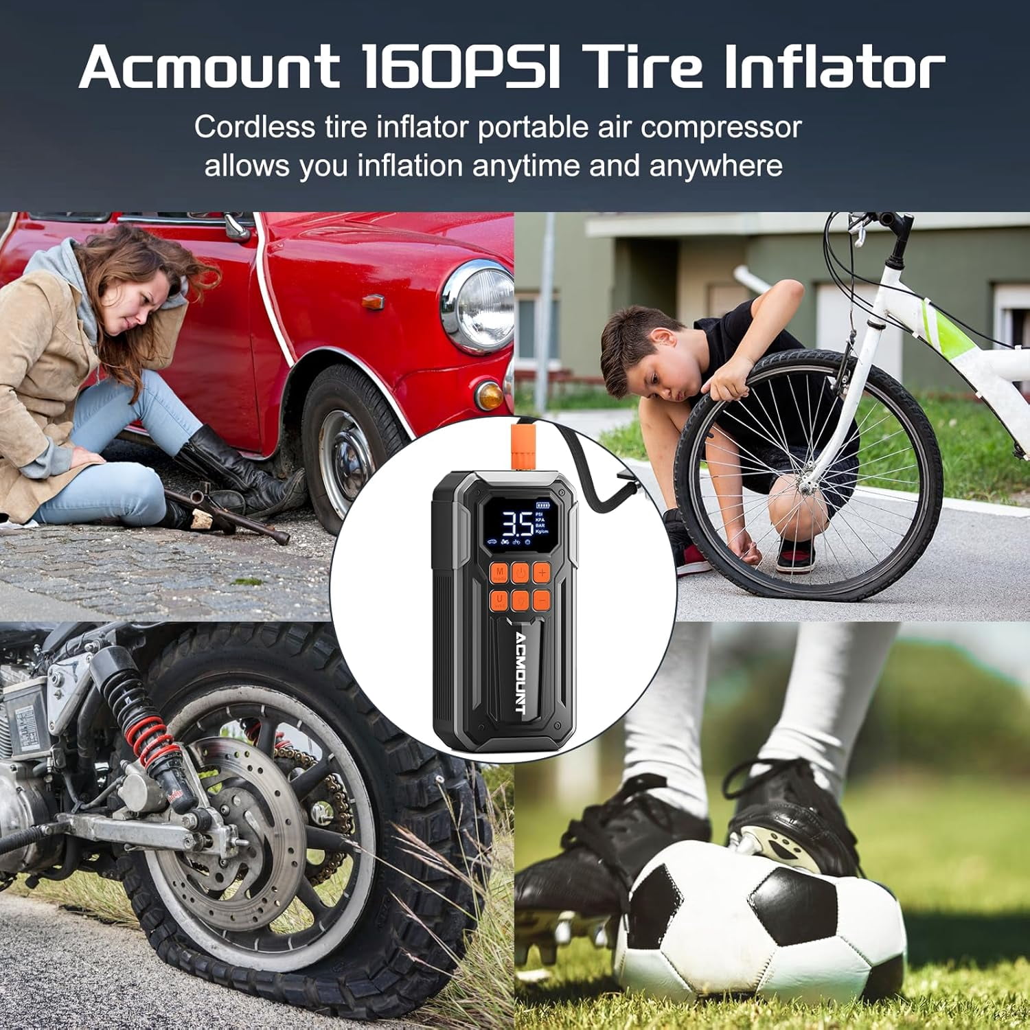 Tire Inflator, Acmount 160PSI Air Pump For Car Tires, 10000mAh Rechargeable Fast Inflation Tire Pump with LED Light and Auto Shut-Off Function for Car, Motorcycle, Bicycle, Balls