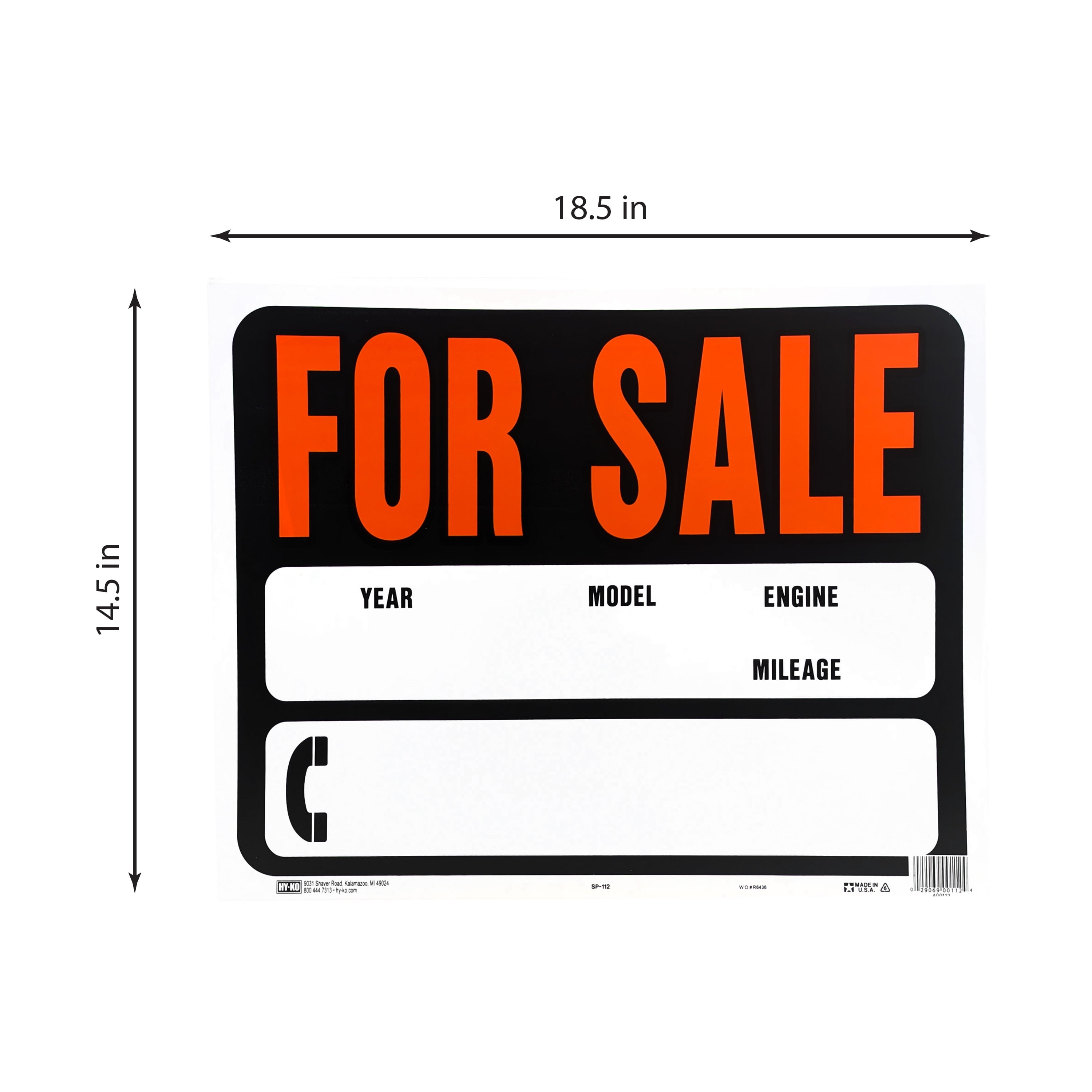 (2 pack) Hy-Ko Hy-Glo Series SP-112 Jumbo Identification Sign, for Sale, Fluorescent Orange Legend, Plastic