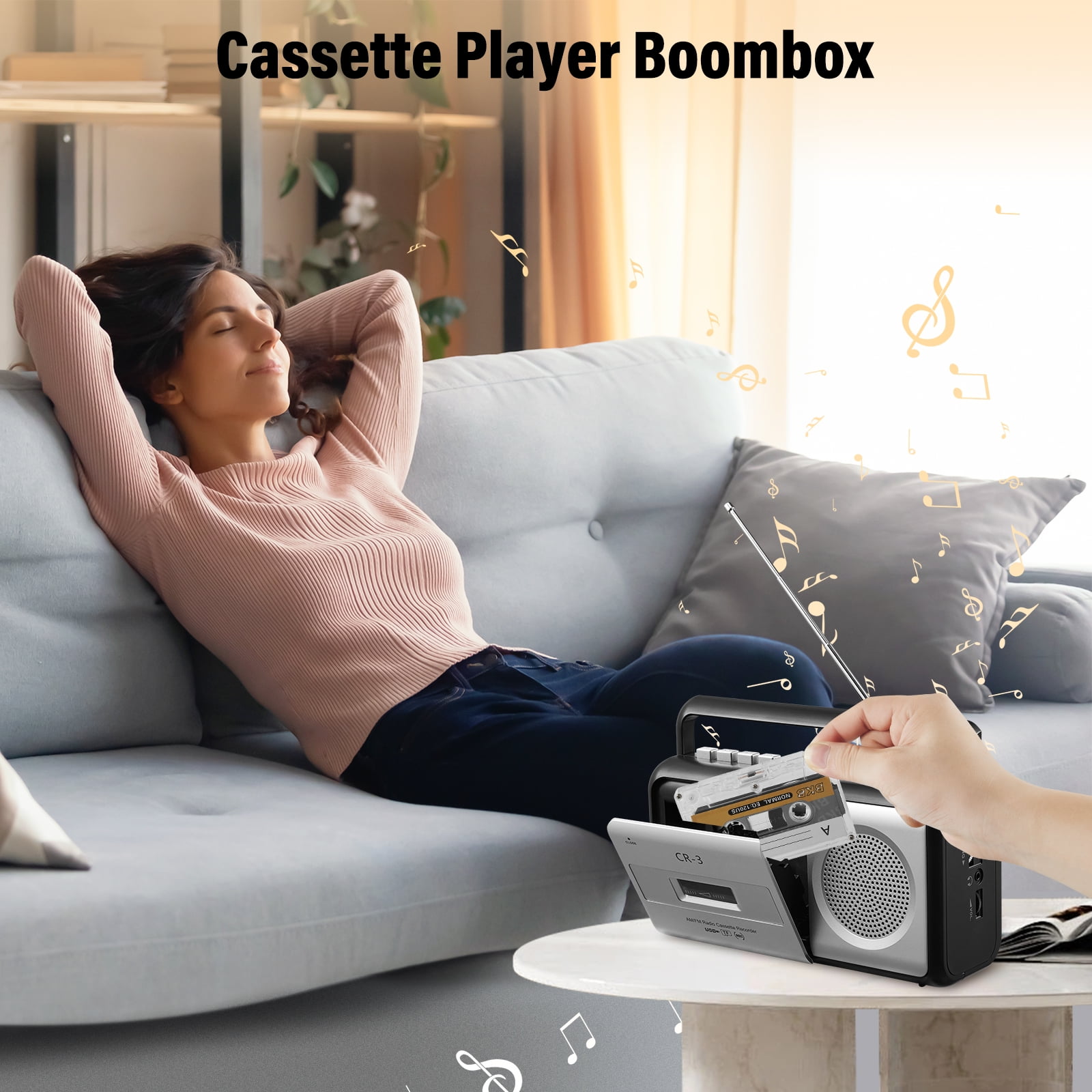 Portable Cassette Player Boombox AM/FM Radio Stereo, Casette Tape Player Recorder with Earphone Jack Battery Operated or AC Powered