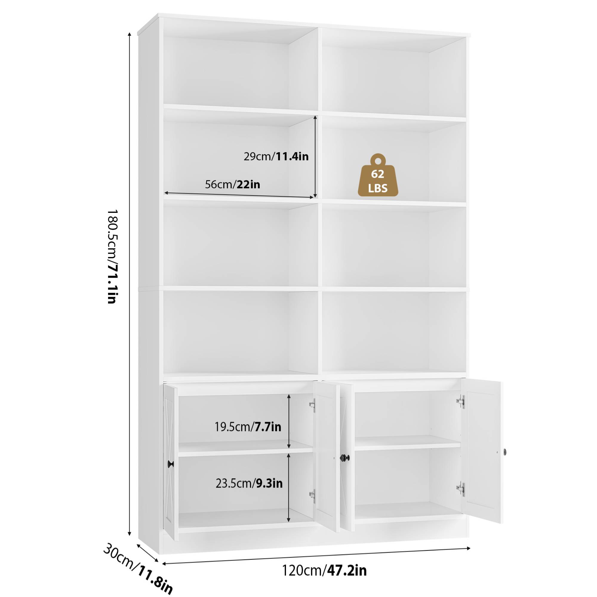 Hiphuta 71"H x 47.2"W Standard Bookcase, Tall Bookcase for Bedroom, Living Room and Office, Freestanding Display Storage Shelves, White
