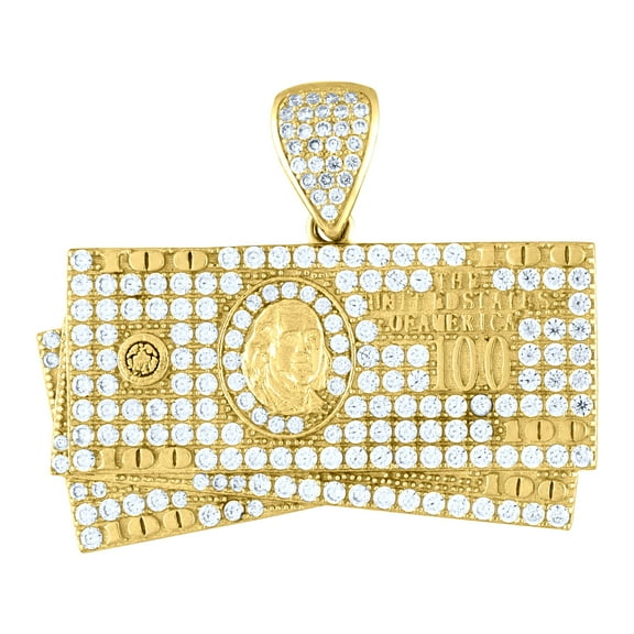 10k 10kt Yellow Gold Mens Cubic Zirconia 100 Dollar Bill Charm Pendant for Men
