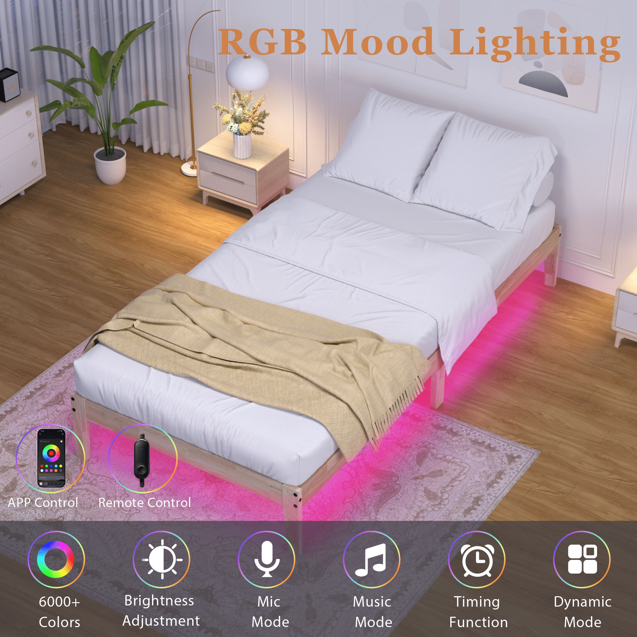 Twin Wood Bed Frame with Led Light, Wood Platform Bed Frame Twin Size with 8.7" Under-Bed Storage, Noise-Free, Easy Assembly, 12"