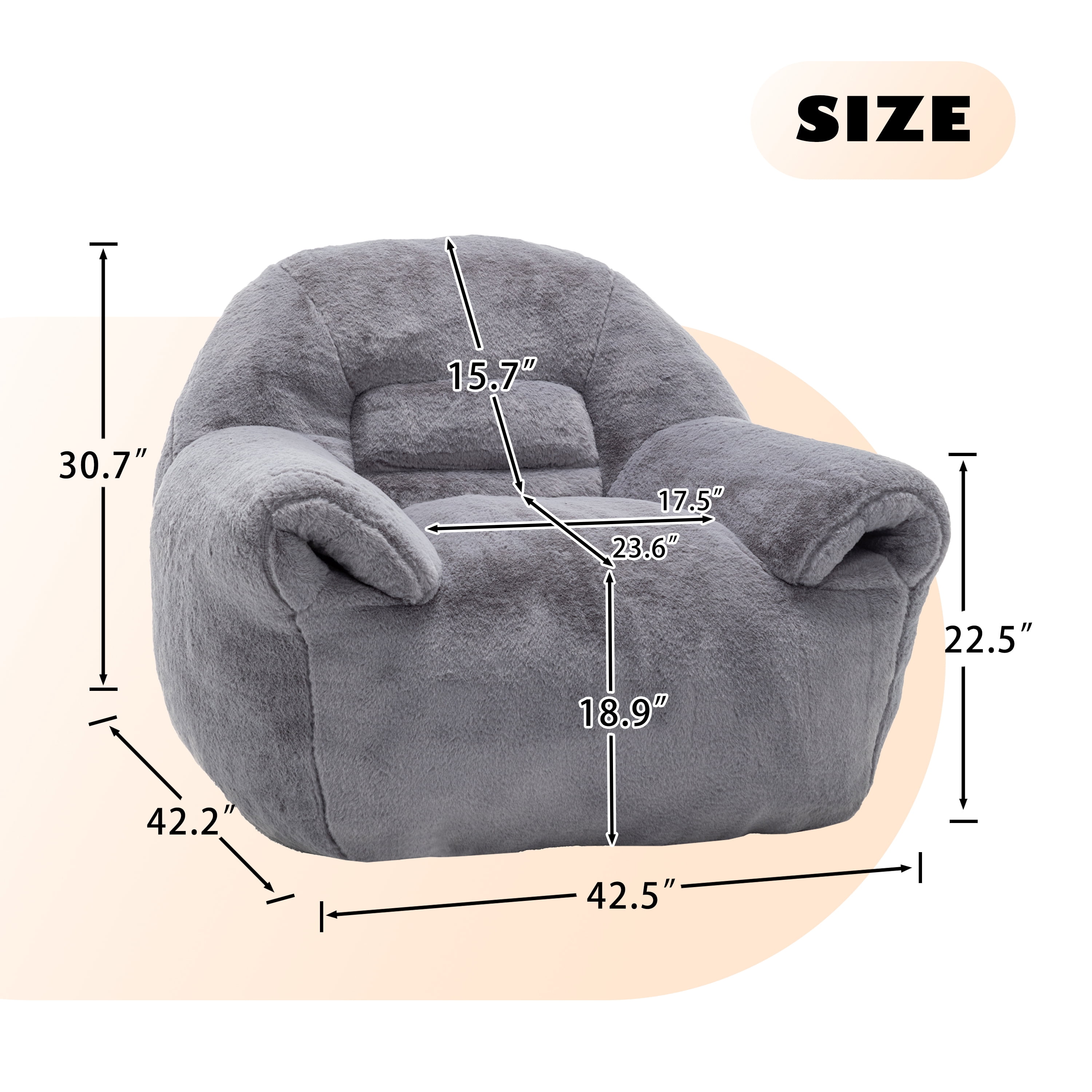 Leumius Bean Bag Sofa with Back Support,Faux Fur Bean Bag Chair Floor Sofa for Living Room, Bedroom, Apartment,Dark Gray