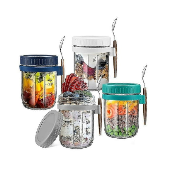 4 Pack Overnight Oats Containers With Lids And Spoons, 12 Oz Glass Mason Overnight Oats Jars, Airti
