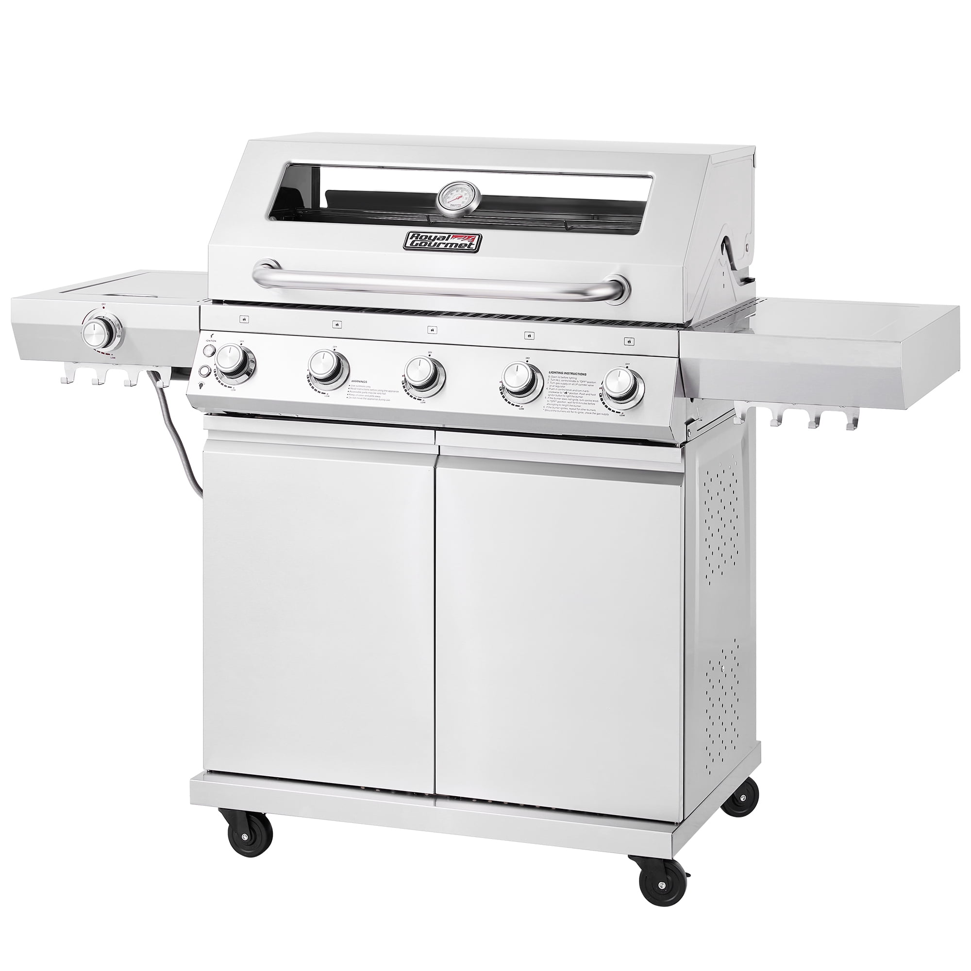 Royal Gourmet GEA5001S Deluxe Stainless Steel 5-Burner Gas Grill, With Infrared Side Burner,Cabinet Style Grill for Outdoor Grilling and Backyard Cooking, Silver