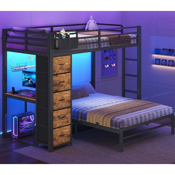 Twin Over Full Bunk Bed with Desk,5 Drawers,Bunk Beds Twin Over Full Size with LED Lights & Charging Station,Storage Pockets,Safety Guardrails, Metal Bunk Beds,Space-Saving