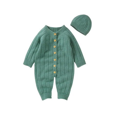 

Tsseiatte Infant Boys Girls Winter Jumpsuit and Cap Solid Color Long Sleeve Button Solid Knitted Romper 0-18 Months