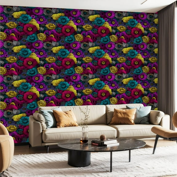 Peel and Stick Wallpaper Contact Paper Anemones Black Large Pink Flower Golden Brown Flower Purple Flower Self Adhesive and Removable 24in x 118in