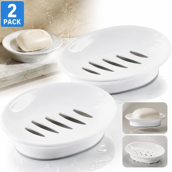 Genreen 2-Pack Soap Dish with Drain Plastic Sponge Holder Easy Cleaning Soap Saver Tray Caddy Keep Dry Stop Mushy for Shower Bathroom Kitchen(White)