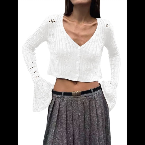 Blusa para Mujer con Cuello en V y Botones Recortados, Cárdigan de Punto con Mangas Largas Acampanadas. M