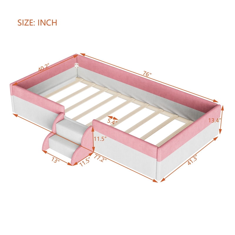 Twin Size Corduroy Upholstered Floor Bed Frame with Fence, Kids Low-Profile Platform Bed with 2-Tier Steps & Smart LED Lights
