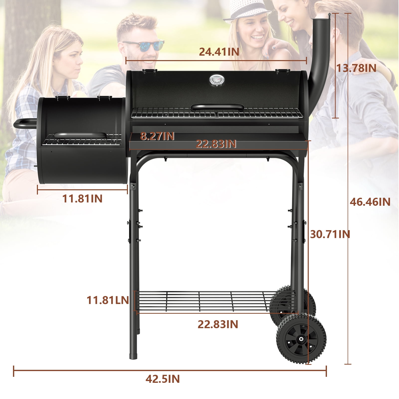 Charcoal Smoker Grills, KingChii Offset Smoker Family-Size 4-6  with Temperature Control Person BBQ for Outdoor, Garden, Patio and Backyard