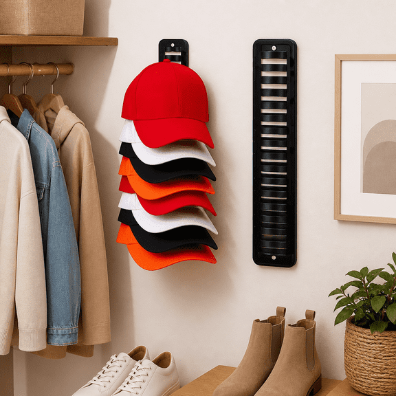 Hat Organizer for Baseball Caps – Wall-Mounted Rack Holds Up to 16 Hats, Two Installation Options (Adhesive or Screws), for Closet or Door Storage, Single Rack
