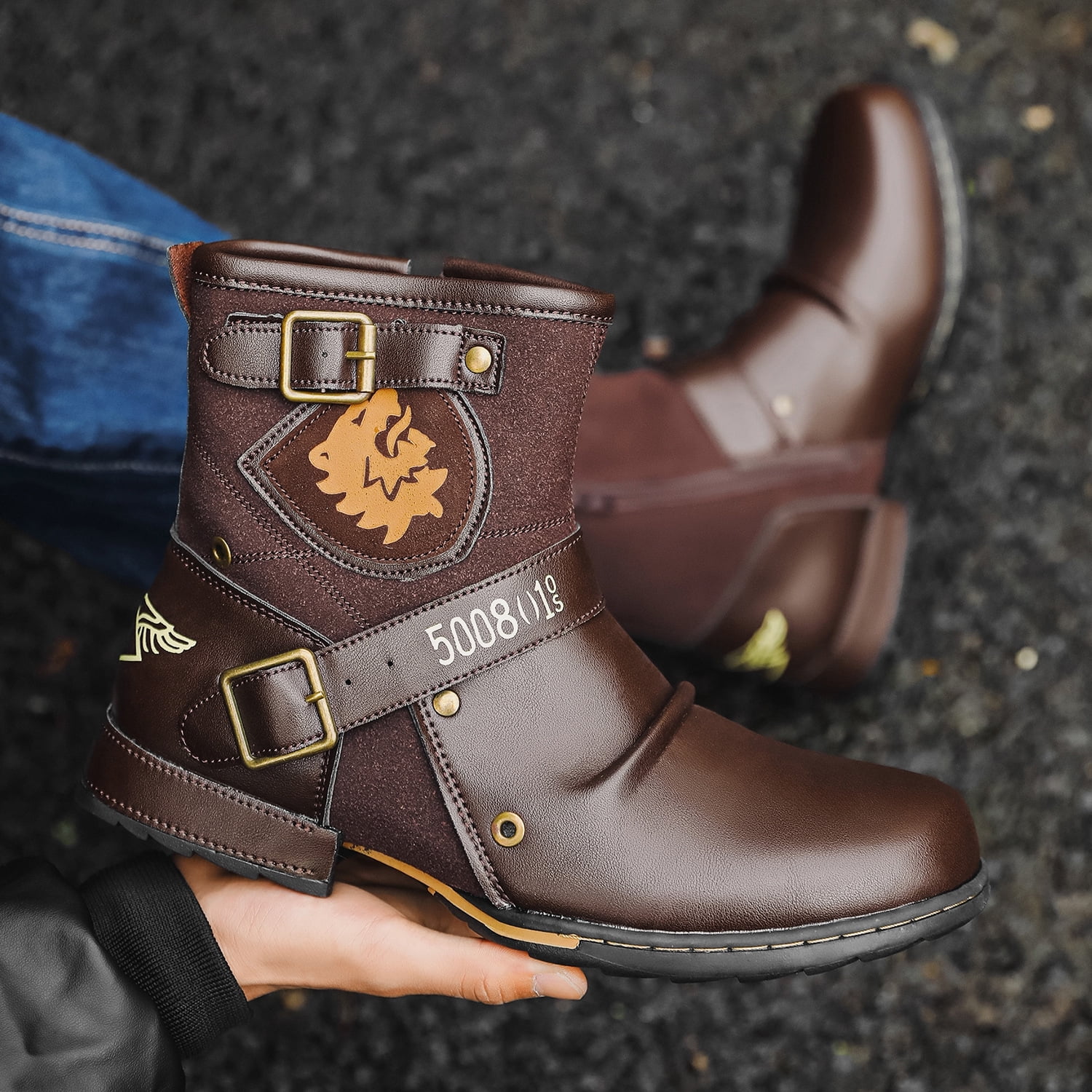 OTTO ZONE Tan Leather Buckle Moto Boots Otto main image 4