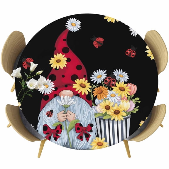 Black Gnomes Daisy Round Tablecloth, Fitted Table Cover with Elastic for 36"-44" Round Tables, Pastoral Country Garden Floral Table Cloth Outdoor Indoor Dinning Party Waterproof Tablecloths