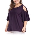 thumbnail image 2 of Unique Bargains Women's Plus Solid Strappy Cold Shoulder Trumpet Sleeve T-shirt, 2 of 5