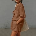 thumbnail image 6 of Costeam Womens Two Piece Outfit Tie Knot V Neck Short Sleeve Top and Elastic Drawstring Waist Shorts Set Linen Blend Matching Set with Pockets, 6 of 9