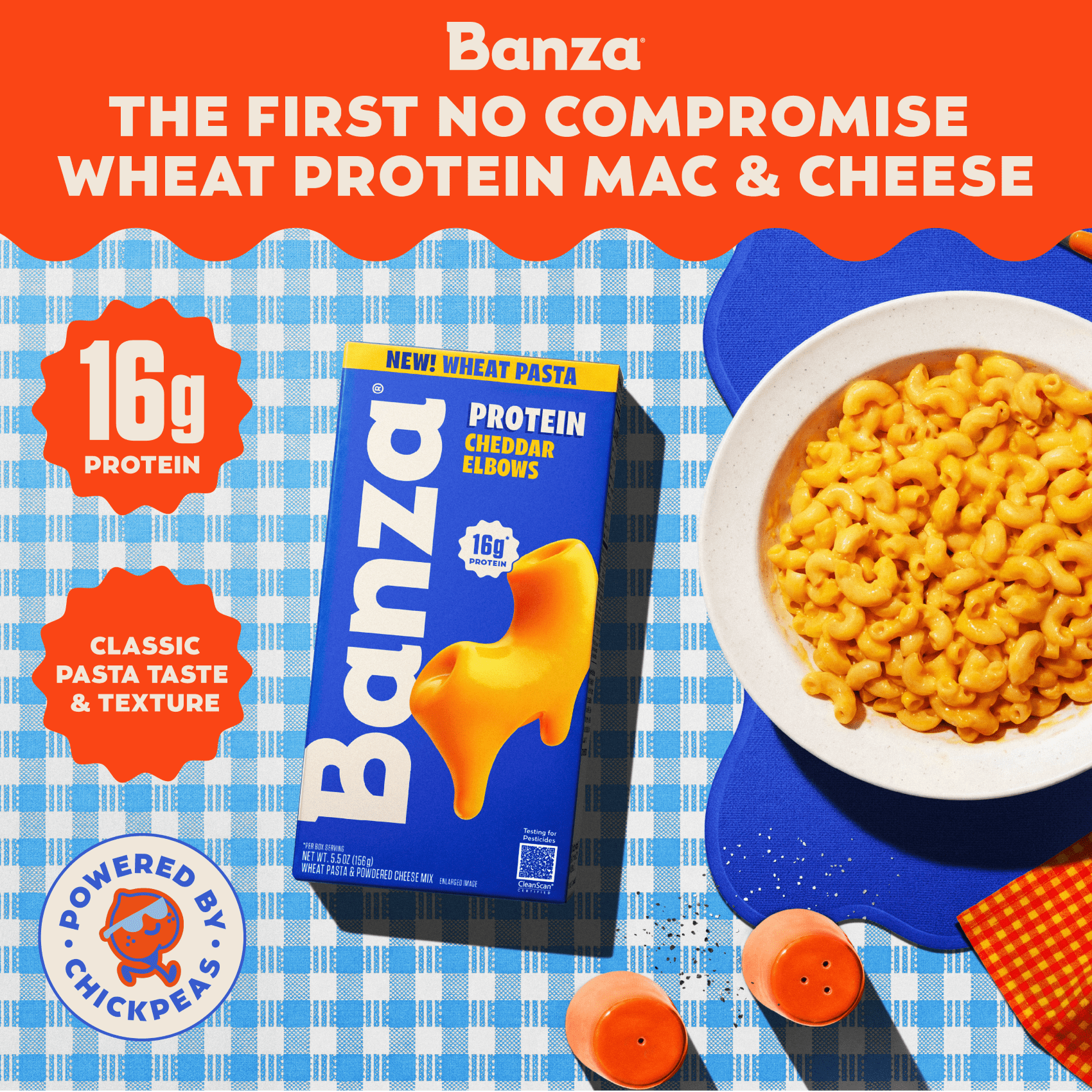 Banza Wheat Protein Cheddar Elbows Mac & Cheese – 16g Protein per Serving, No-Compromises Taste & Texture, Creamy & Cheesy, Powered by Chickpeas, 5.5oz