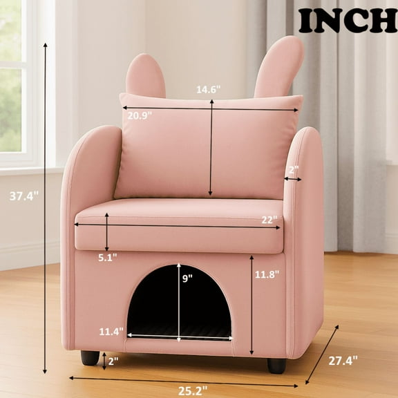 Velvet pink rabbit ear armchair with side pockets, built-in cat and dog nest, 27.4 x 25.2 x 37.4 inches