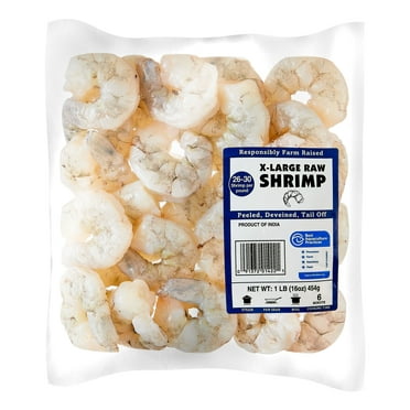 Fresh Raw Extra Large Peeled and Deveined, Tail-off Shrimp, 1 lb. Bag (26-30 Ct.). BAP Certified. Ready to Cook. 20g Protein per 4 oz. (112g) Serving.