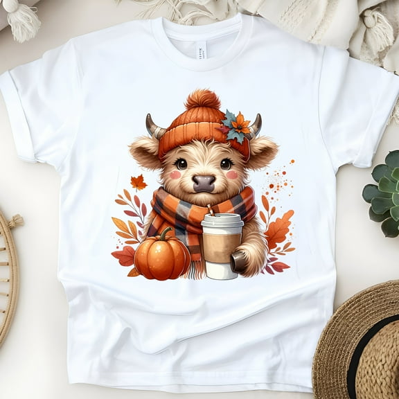 Cute Highland Cow Tee | Pumpkin Coffee Autumn Shirt | Unisex Casual T-Shirt, White, Size S