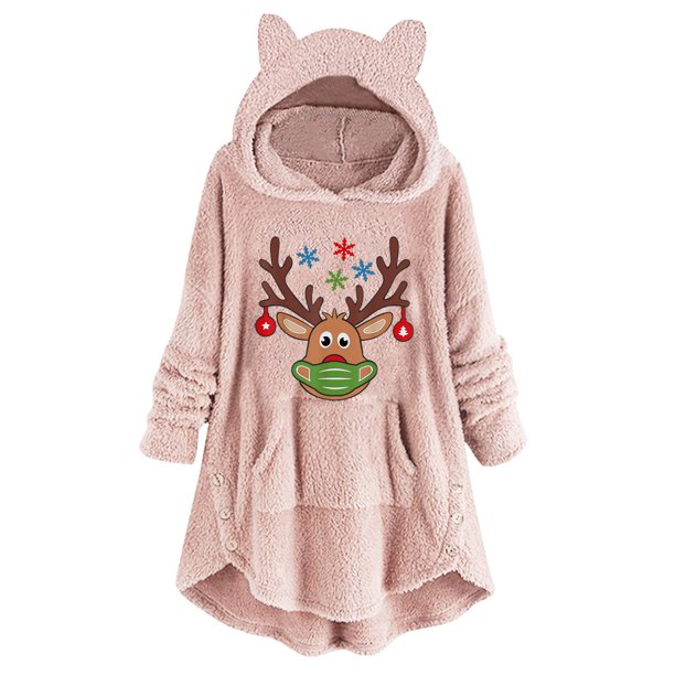 Top de abrigo de felpa con capucha y manga larga con botones de felpa con estampado navideño informal para mujer Pompotops FGAJ22622