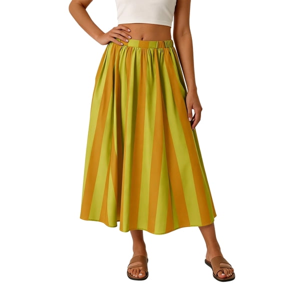 Women's Striped A-Line Skirt Elastic Waist Flowy Midi Skirt for Beach Vacation Summer Outfits