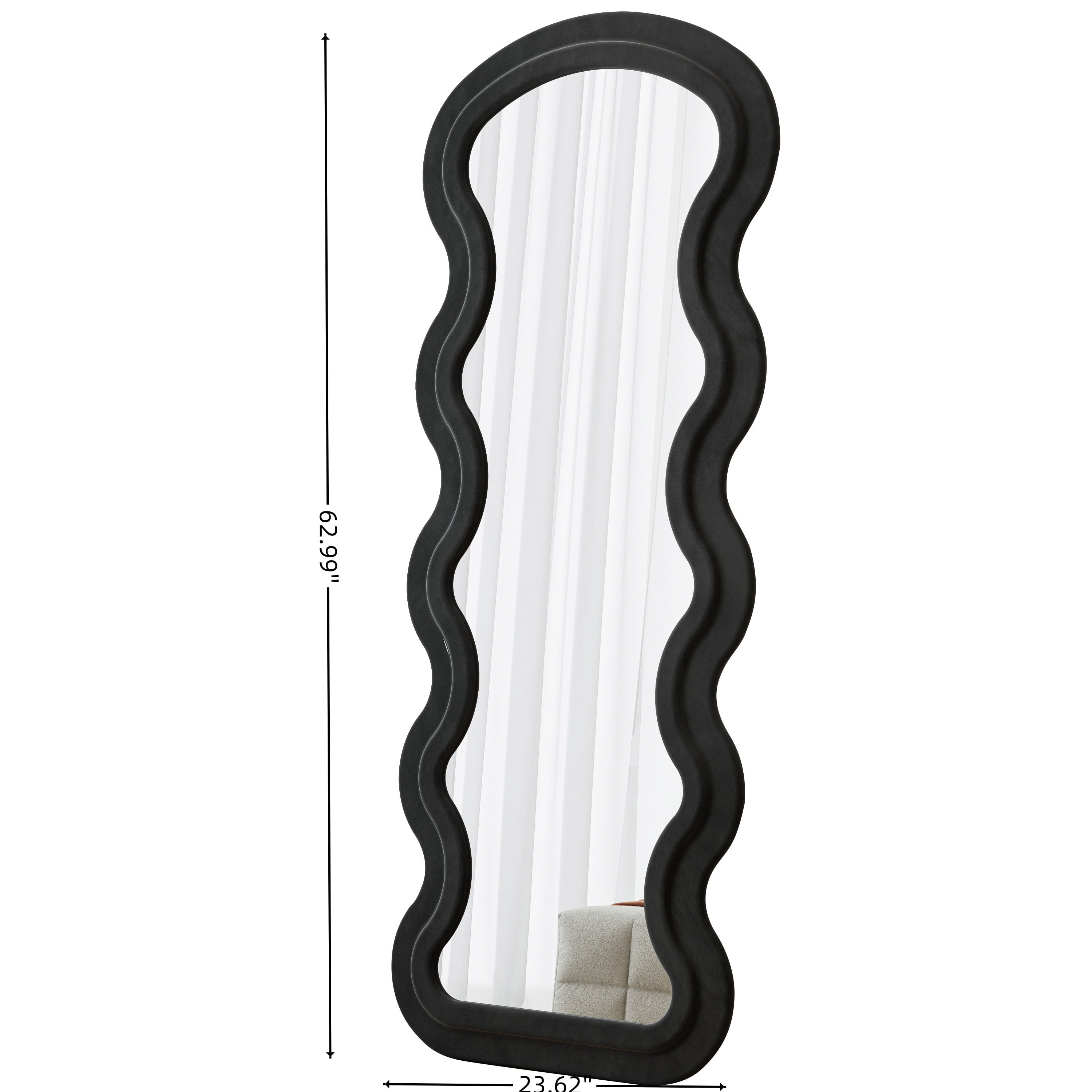 Full Length Floor Mirror with Flannel Wrapped Wavy Design, Wooden Frame and Shatterproof Glass, Standing or Wall Mount Mirror for Bedroom, 63"x24"