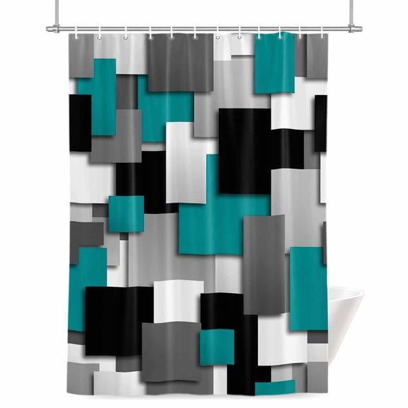 Turquoise Geometric Shower Curtain, Modern Abstract Black Gray Checkered Waterproof Shower Curtain Set with 12 Hooks Lightweight Bath Curtains Fabric Bathroom Decor 72x72 Inches