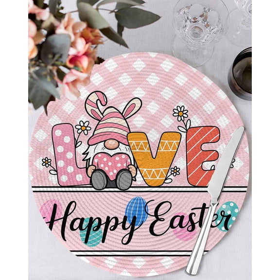 15 Inch Round Placemats Set of 4, Happy Easter Non Slip Heat Insulation PP Table Mats, Spring Gnomes Rabbits Eggs Love Flowers Pink Washable Place Mats for Kitchen Dining Party Table Decor