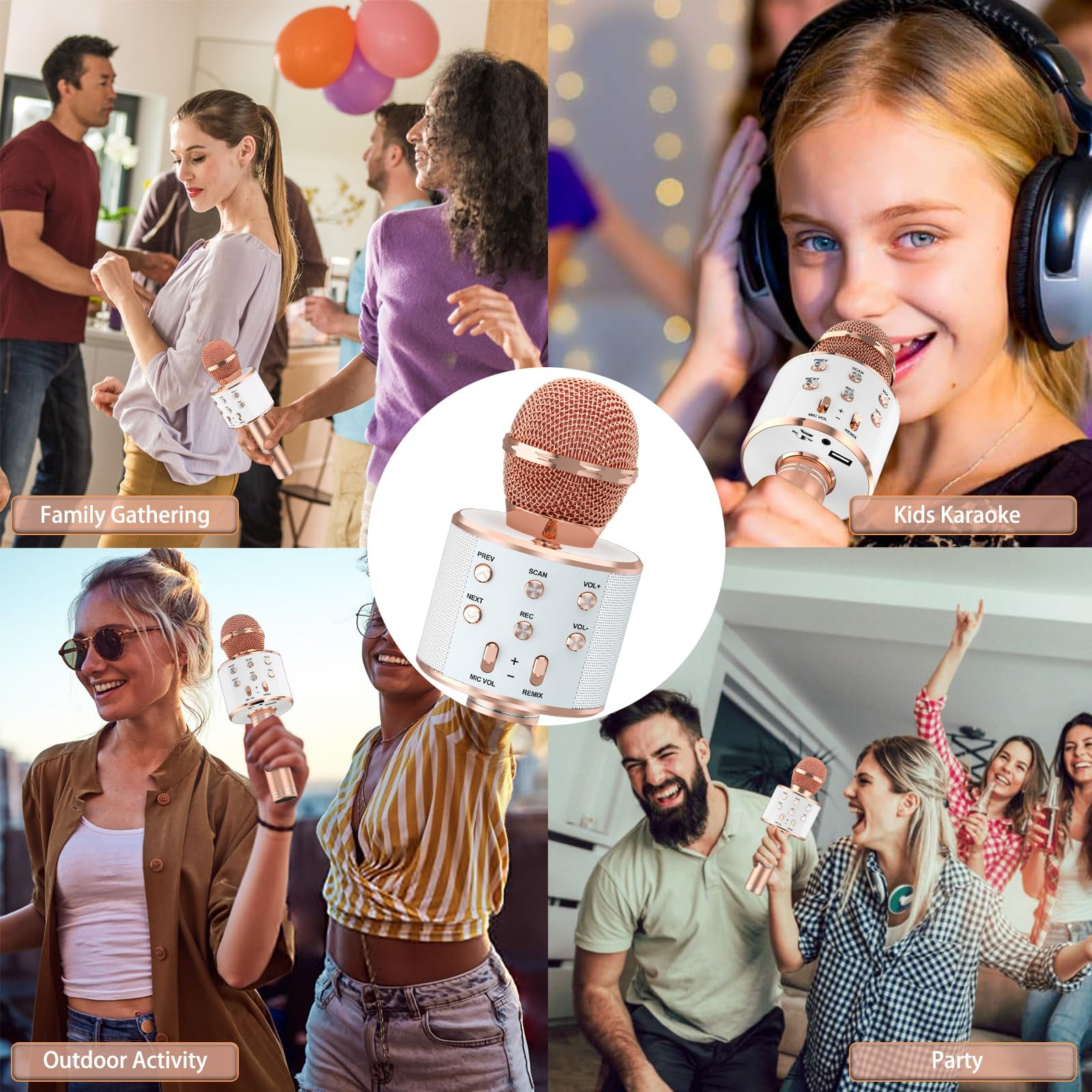 DAKIMOE Wireless Bluetooth Karaoke Microphone, Portable Handheld Singing Microphone for Kids Adults with Stereo Speaker and Voice Changer for All Smartphones, Gifts for Girls Kids Adults, Rose Gold