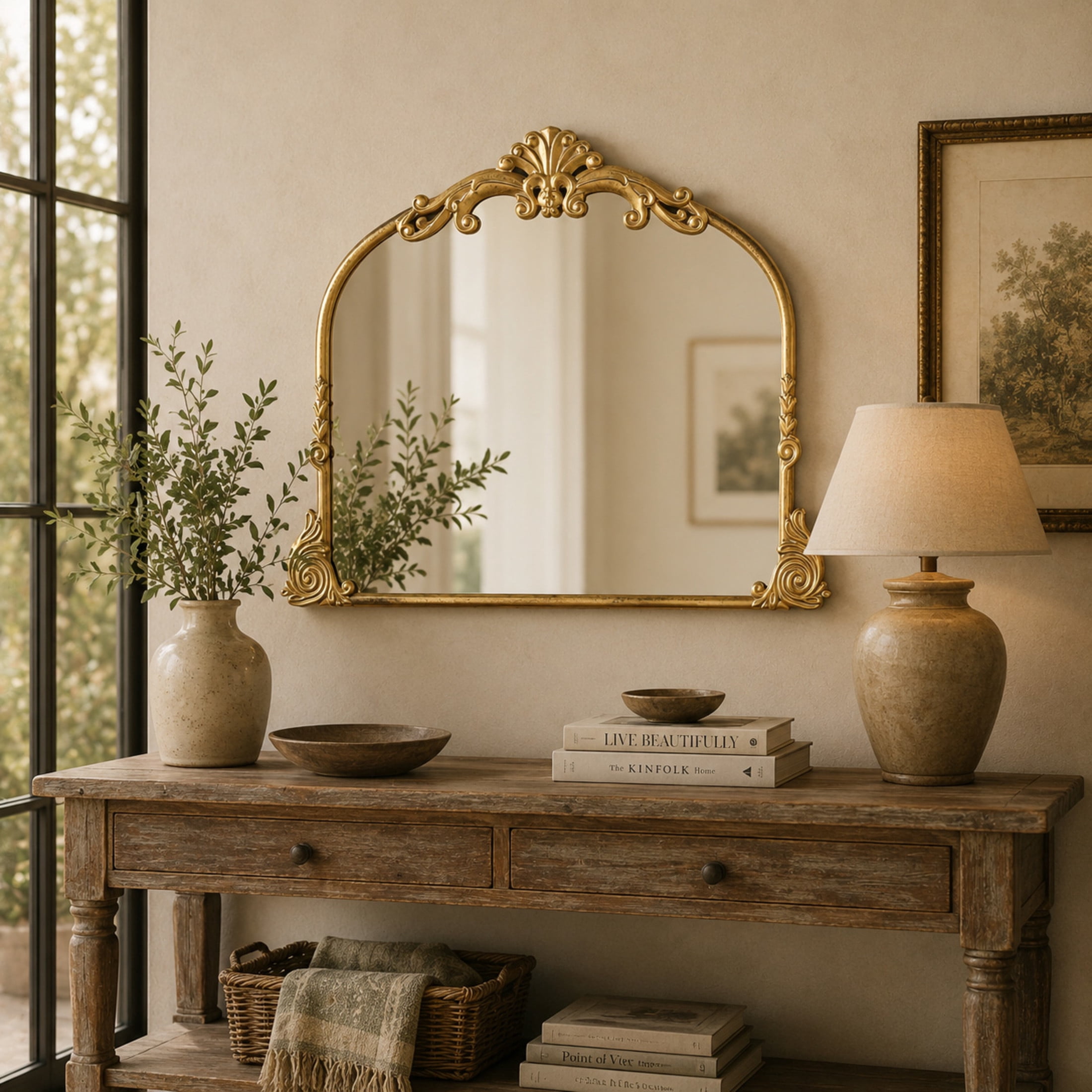 DecMode 44" x 34" Gold Ornate Arched Baroque Scroll Wall Mirror