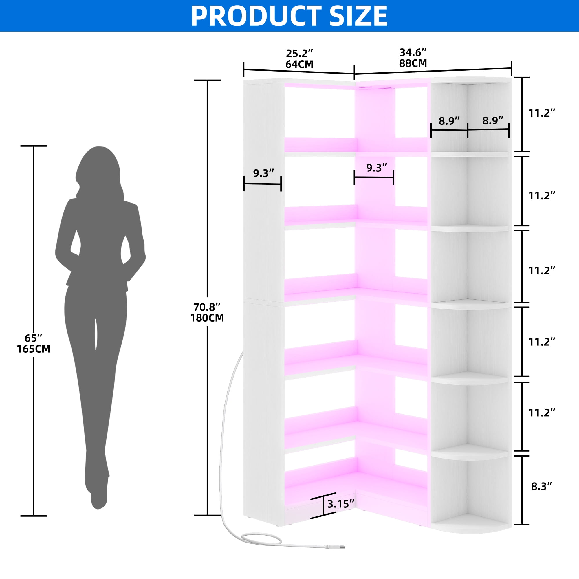 Uforic 6 Tier Bookshelf with LED Light, 70.8 " Modern White Bookcase, L-Shaped Bookcase Corner shelf Storage Organizer Display Shelf for Home Office, Living Room,Bedroom