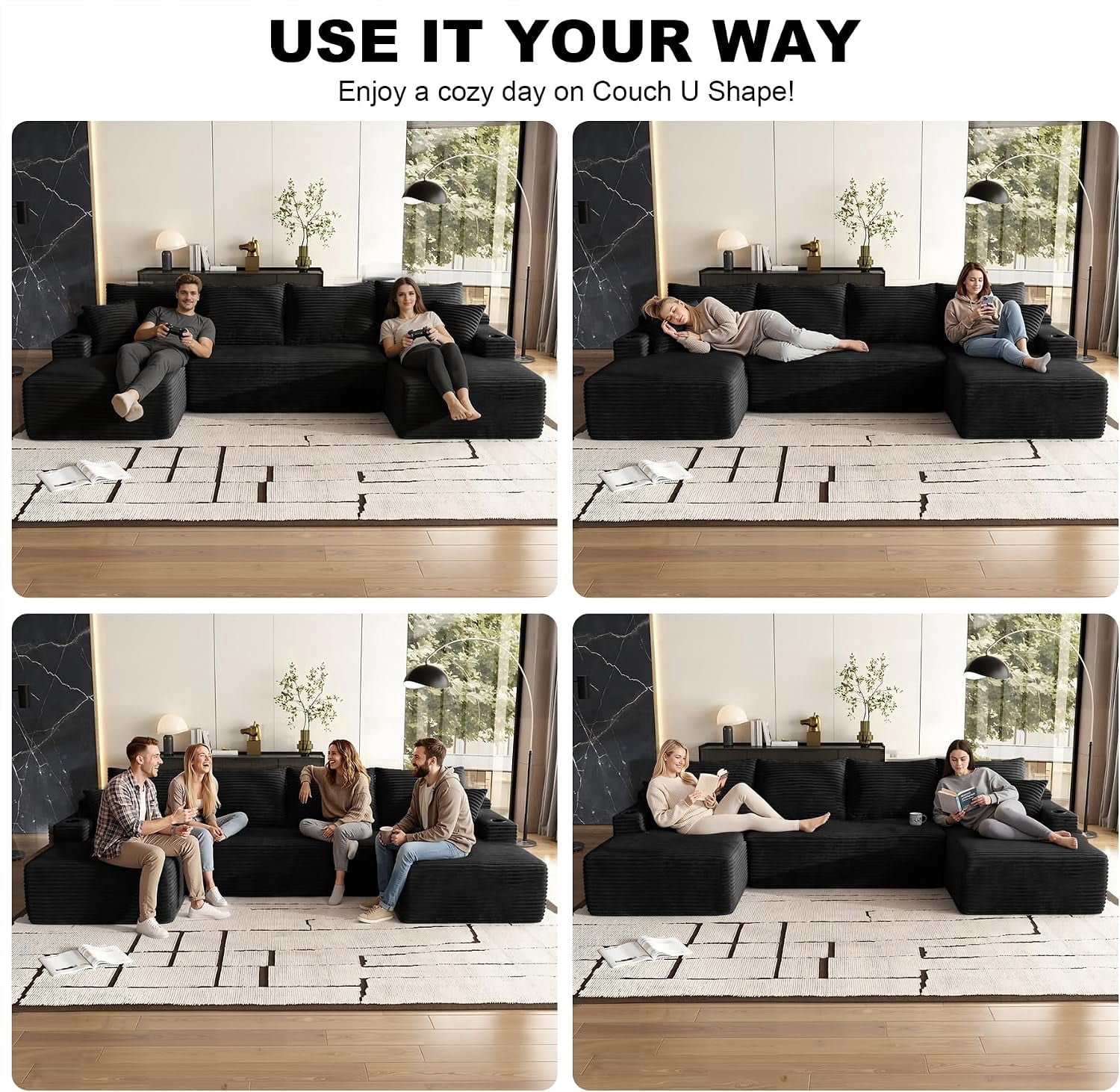 134" Compressible U Shaped Modular Sectional Sofa Set, Minimalist Corduroy Cloud Couch for Living Room, No Assembly Required