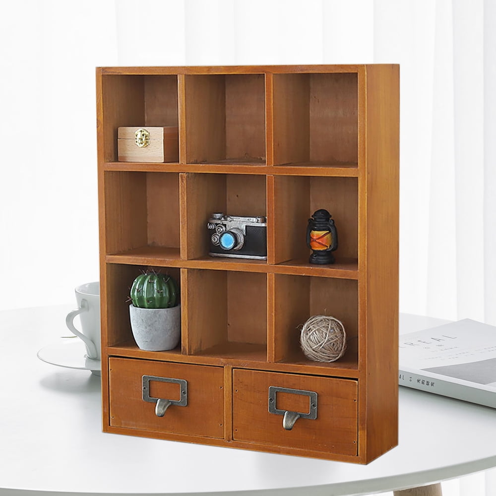 9-Cube Wooden Display Shelf With 2 Drawers Desktop Storage Organizer Brown