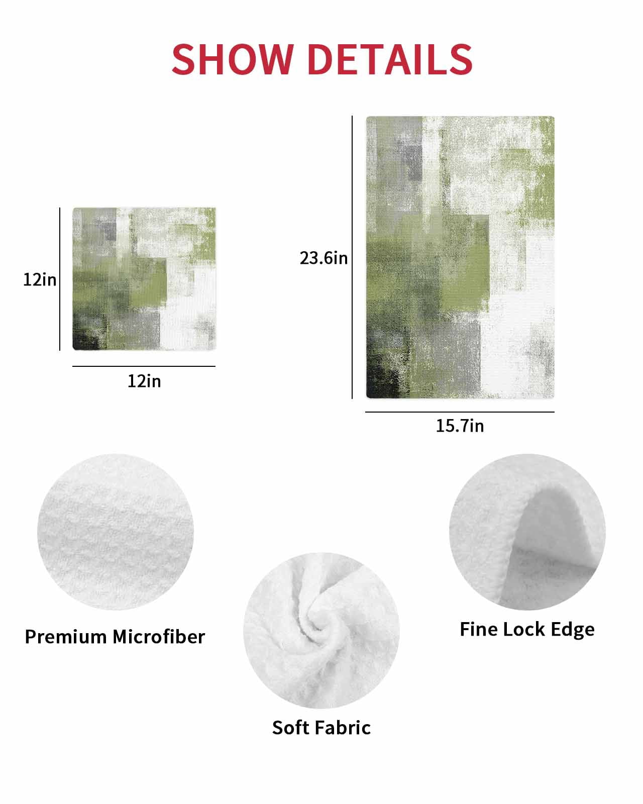 Sage Green Ombre Kitchen Dish Towels for Drying Dishes Set of 3, Vintage Shabby Abstract Plaid Art Waffle Weave Microfiber Terry Hand Tea Bathroom Towels Quick Dry & Absorbent Towel 12x12