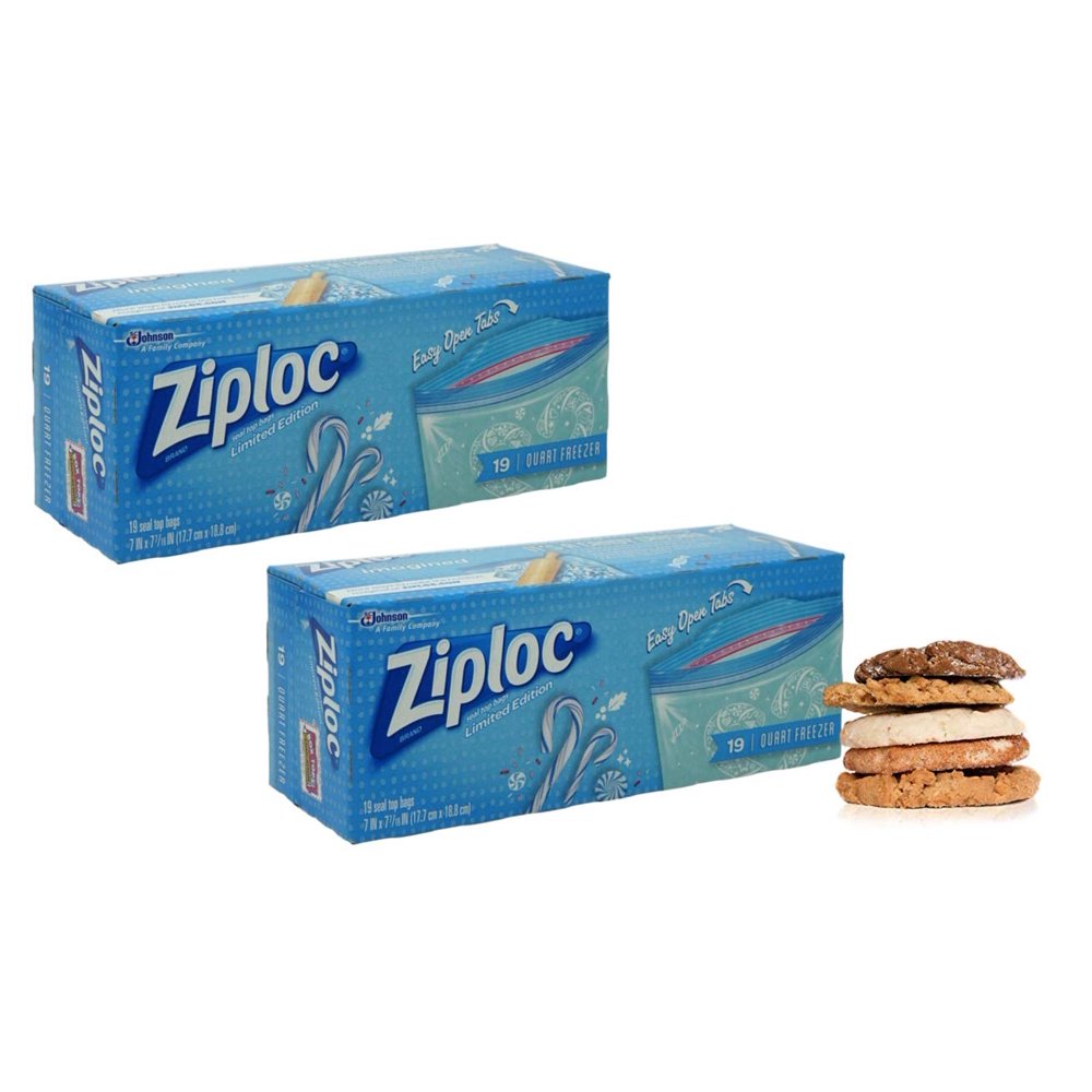 Ziploc Holiday Bags Cookies, Quart Size Freezer Bag, 2 Boxes (19 Count