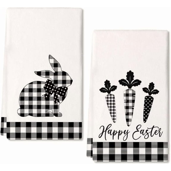 Easter Kitchen Towels for Easter Decor Black Buffalo Plaid Check Bunny Dish Towels 18x26 Inch Bar Drying Cloth Carrot Hand Towel for Kitchen Bathroom Party Easter Decorations Set of 2