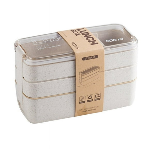 KEINXS Bento Box Stackable Bento Box,Lunch Box Kit With Spoon & Fork, 3-In-1 Compartment Whea-t Straw Meal Prep Containers,Leakproof Eco-Friendly Stackable Bento Lunch Box Meal(Beige)