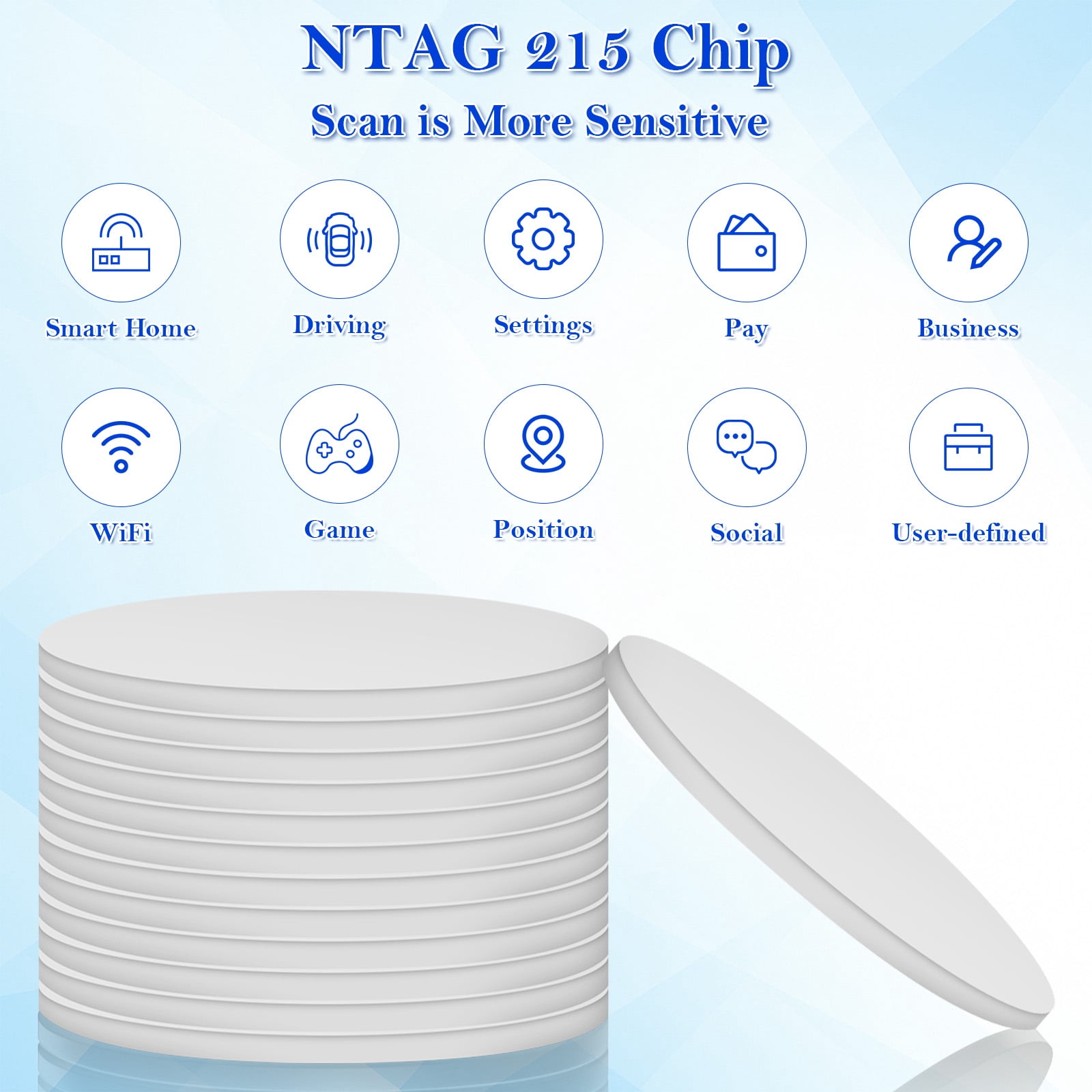 100PCS NFC Stickers Tags, 25mm Rewritable NTAG215 Blank NFC Cards with Adhesive Back, 504 Bytes Memory NFC Coin Card Chip for NFC Enabled Devices Phone Calls Automatically Commands (White, Black)