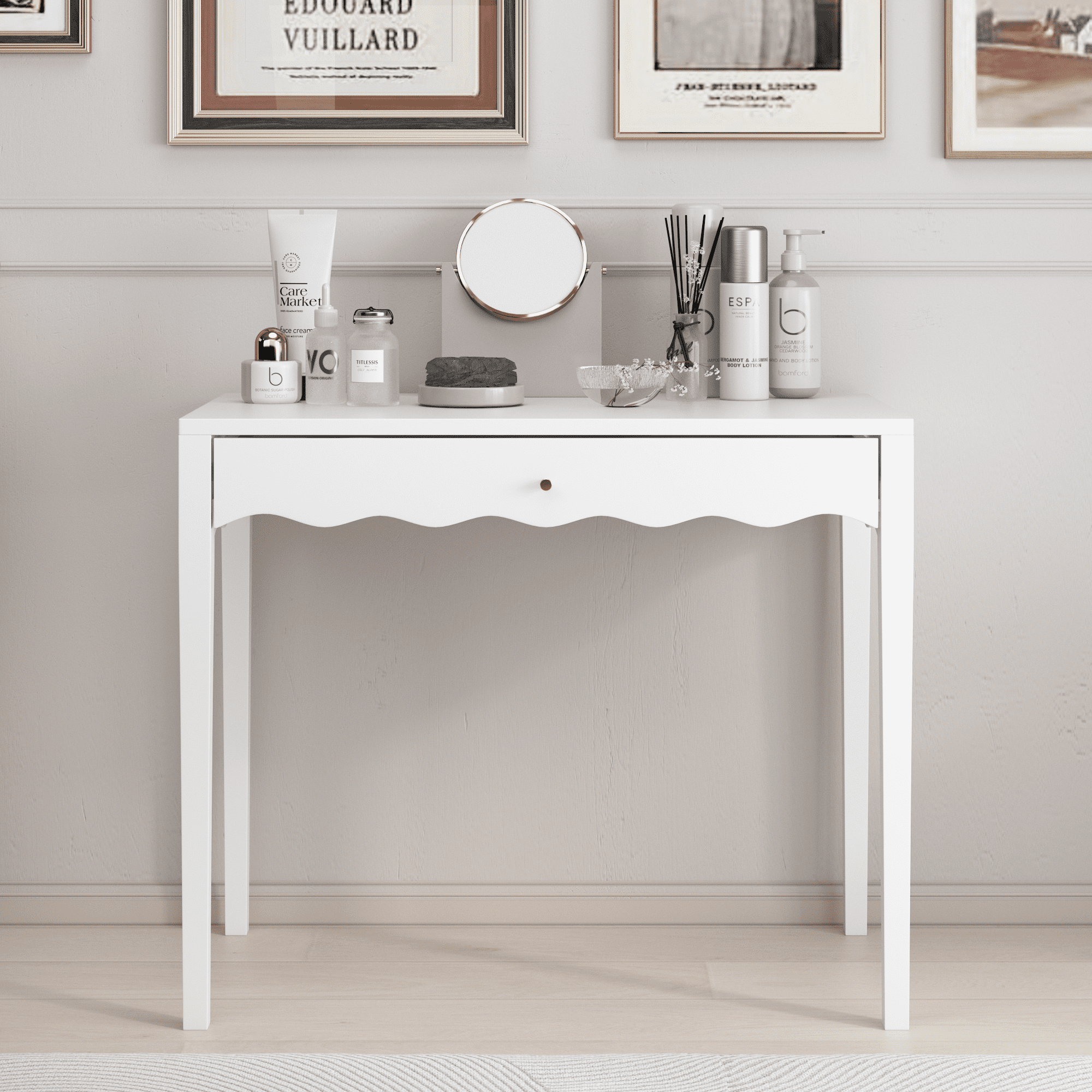 35.43" Vanity Desk with Drawer, Modern Makeup Table with Scalloped Front & Gold Knob, Compact Writing Desk with 4 Sturdy Legs for Bedroom, Small Home Office & Apartment Spaces