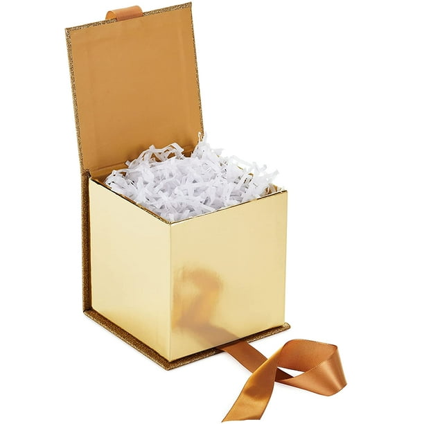 FFIY Signature Petite boîte cadeau de 10,2 cm avec remplissage en papier  (paillettes dorées) pour mariages, fiançailles, remises de diplômes,  vacances, Noël, Saint Valentin et plus encore. 