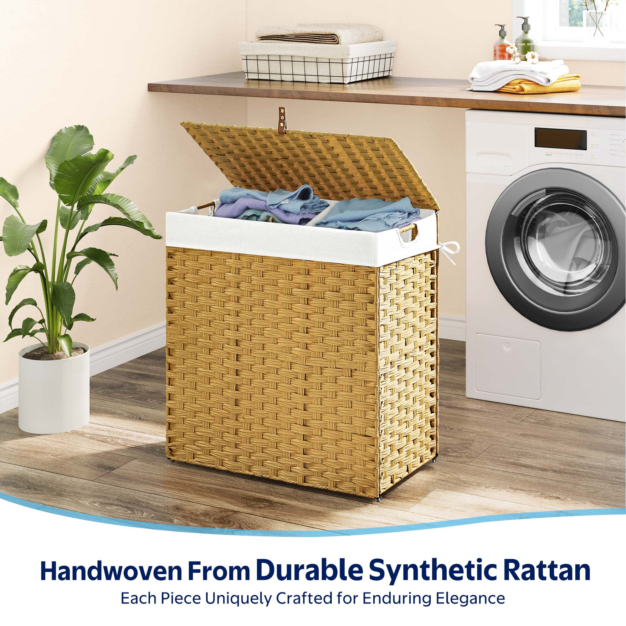 Rolanstar 110L Laundry Hamper Wicker Laundry Basket with Lid, Handles Clothes Hamper Foldable with 2 Removable Liner Bags, Natural