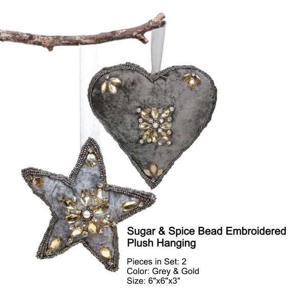 Sugar & Spice Bead Embroidered Plush HangingGrey & GoldSize: 6"Set of 2